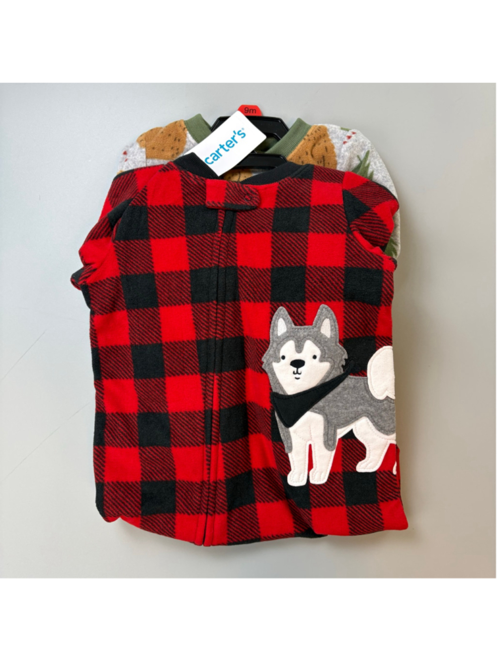 Carter’s Pajamas Set 9 Months Fleece Footie Zipper Buffalo Plaid Bears Dog NEW